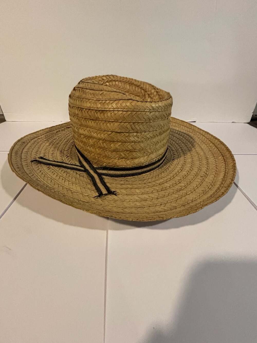 Vento Brand Vintage Woven Straw Sun Hat with Striped Ribbon Band